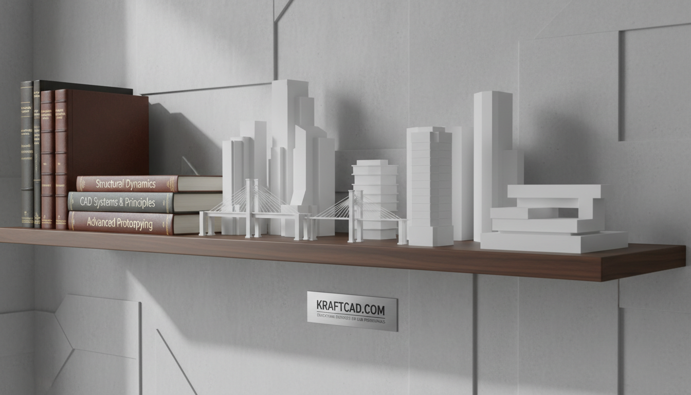 A minimalist workspace featuring a collection of polished 3D-printed architectural models in matte white resin, arranged on a sleek walnut shelf flanking a set of technical engineering books. The background is a smooth concrete wall with restrained geometric decor. Bright, indirect studio lighting softly illuminates the models, casting gentle, well-defined shadows for depth. Shot from a slightly elevated angle with sharp focus throughout, the scene exudes a calm and modern professionalism, echoing the structured, resource-rich ethos of KraftCAD.com and its educational content for CAD professionals.