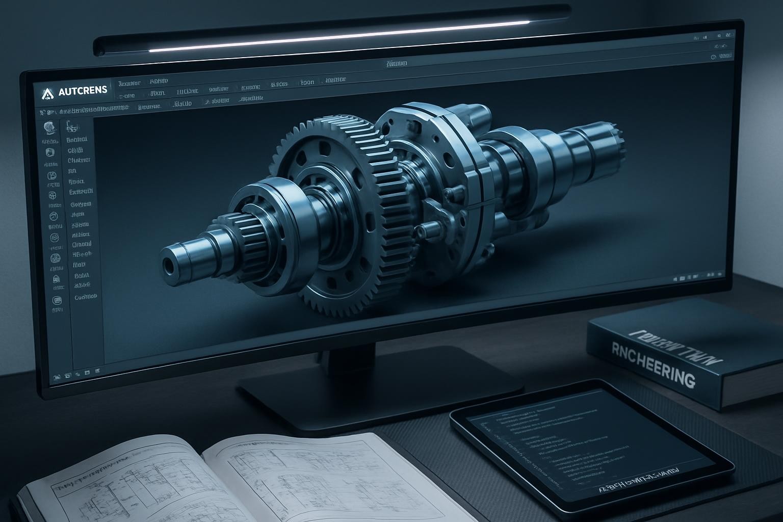A detailed close-up of a state-of-the-art Autodesk software interface displayed seamlessly on an ultra-wide monitor, showing a highly technical mechanical assembly in a cool blue-grey palette. The monitor rests on a neatly organized workspace with carbon fiber desk mat, surrounded by reference technical manuals and a tablet running code for CAD automation. Subtle overhead daylight balanced by ambient LED task lighting creates soft yet defined reflections on screen edges. Captured from a slight angle to highlight screen clarity and tool precision. The overall atmosphere feels sophisticated, clean, and innovative, embodying KraftCAD.com’s focus on streamlined CAD workflows in a photographic, tech-forward style.